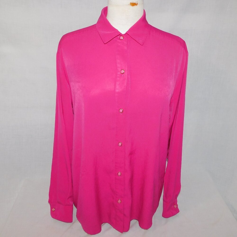 VTG Tilley Silk Micorfibre Pink Fuchsia Button Front Blouse lightweight Womens M